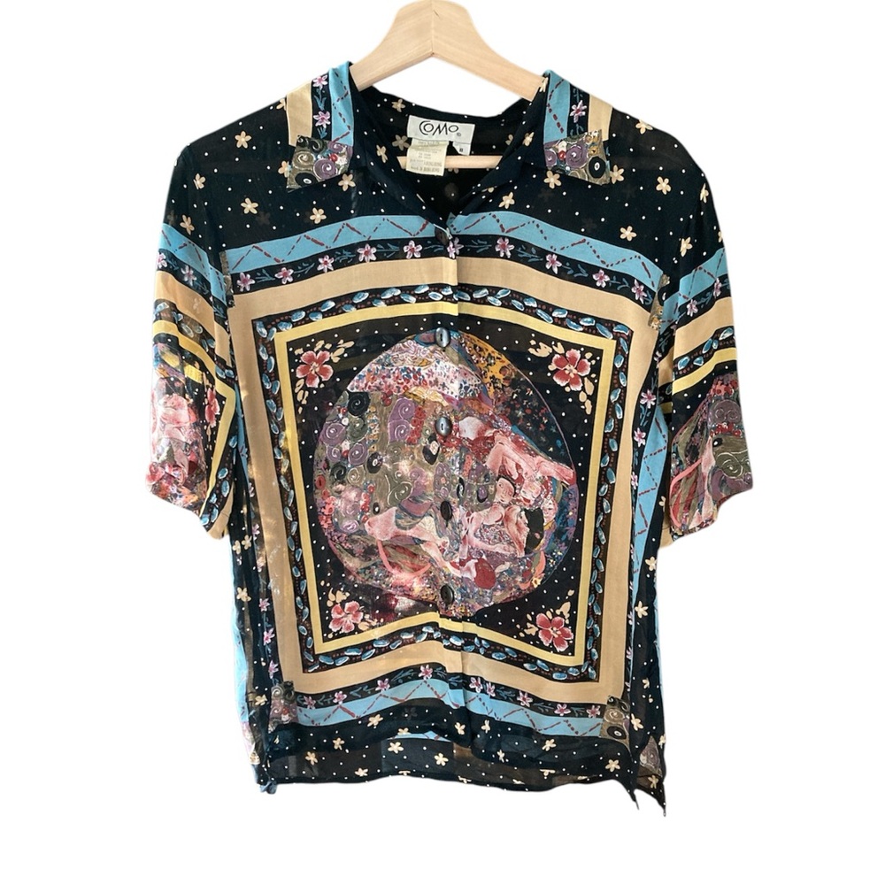 Whimsigoth gustav Klimt Black and Blue Button Down Shirt with Unique Pattern